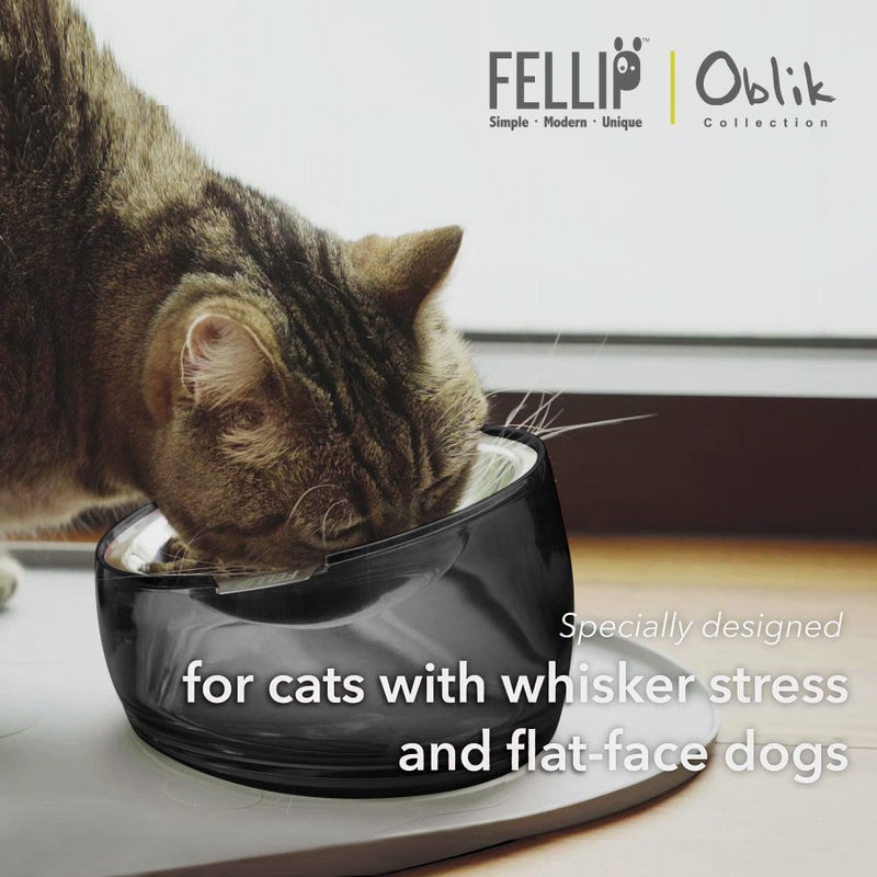 Felli Pet Oblik Whisker Fatigue Cat Food Bowl Raised Stainless Steel Shallow Dish, Pet Friendly Design Anti Vomit Tilted Metal Plate Feeder Elevated Acrylic Base for Treats Storage (0.5 Cups, Smoky) - Image 2