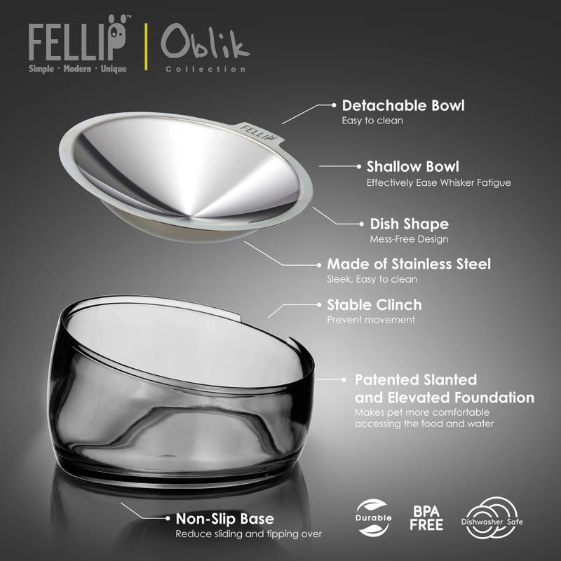Felli Pet Oblik Whisker Fatigue Cat Food Bowl Raised Stainless Steel Shallow Dish, Pet Friendly Design Anti Vomit Tilted Metal Plate Feeder Elevated Acrylic Base for Treats Storage (0.5 Cups, Smoky) - Image 4