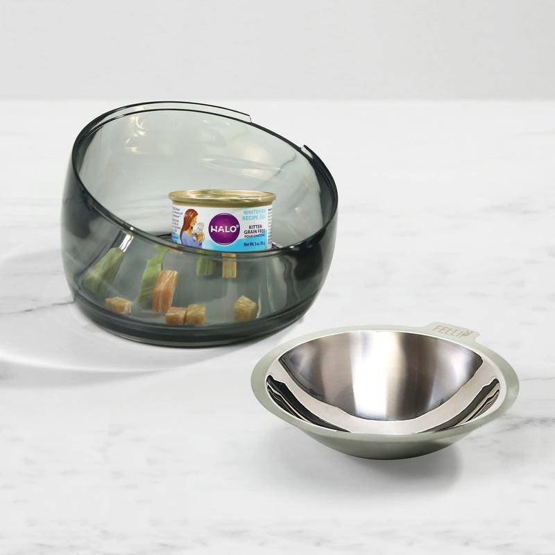 Felli Pet Oblik Whisker Fatigue Cat Food Bowl Raised Stainless Steel Shallow Dish, Pet Friendly Design Anti Vomit Tilted Metal Plate Feeder Elevated Acrylic Base for Treats Storage (0.5 Cups, Smoky) - Image 5