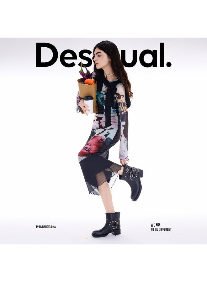 DESIGUAL فستان بأكمام طويلة بتصميم غير متساوي من قماش باتش وورك بطبعة جريدة AW25 وصول جديد - Image 2