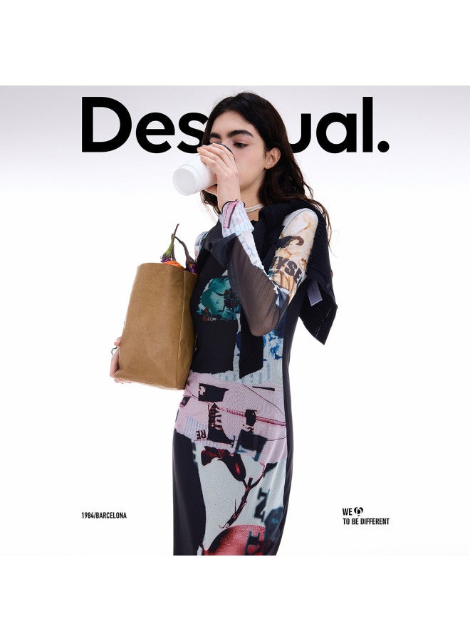 DESIGUAL فستان بأكمام طويلة بتصميم غير متساوي من قماش باتش وورك بطبعة جريدة AW25 وصول جديد - Image 3