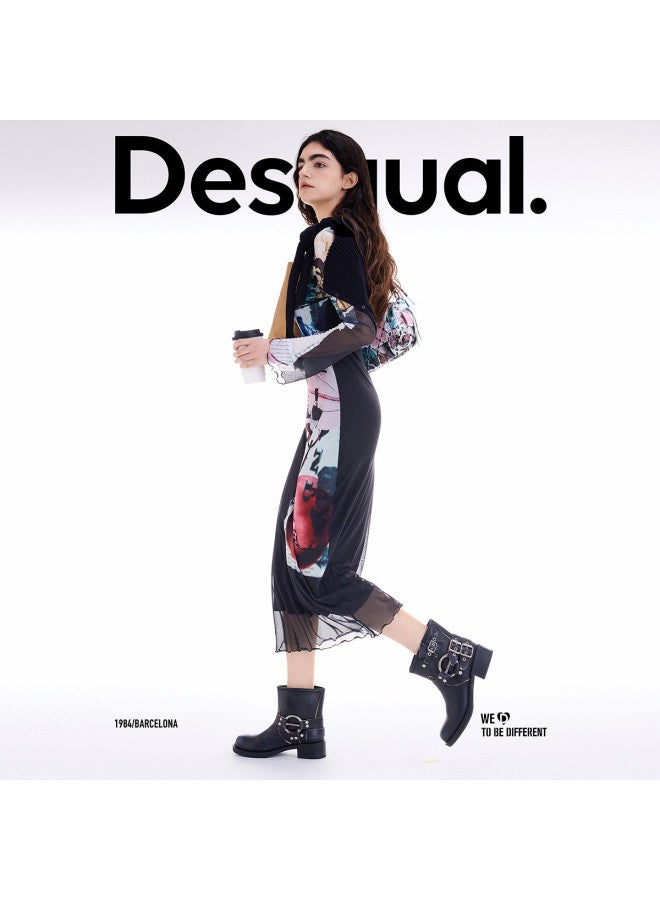 DESIGUAL فستان بأكمام طويلة بتصميم غير متساوي من قماش باتش وورك بطبعة جريدة AW25 وصول جديد - Image 4