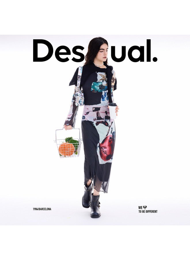 DESIGUAL فستان بأكمام طويلة بتصميم غير متساوي من قماش باتش وورك بطبعة جريدة AW25 وصول جديد - Image 5