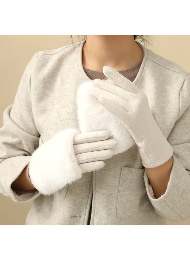 Women's Winter Warm Gloves Touch Screen Imitation Mink Fur Gloves Outdoor Driving and Cycling Gloves White - Image 1