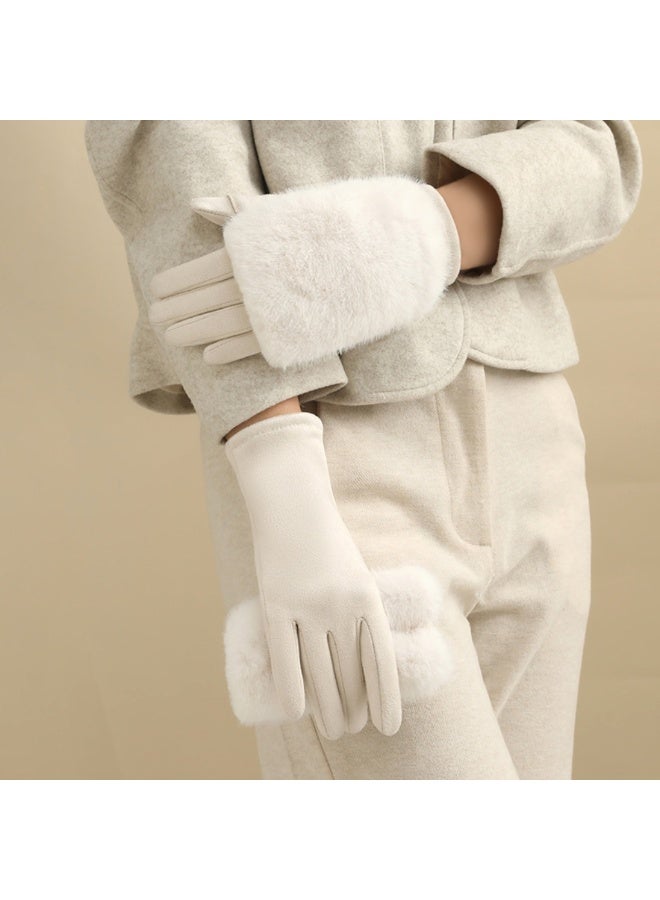 Women's Winter Warm Gloves Touch Screen Imitation Mink Fur Gloves Outdoor Driving and Cycling Gloves White - Image 2