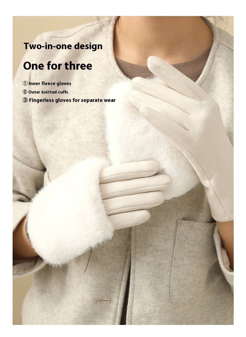 Women's Winter Warm Gloves Touch Screen Imitation Mink Fur Gloves Outdoor Driving and Cycling Gloves White - Image 3