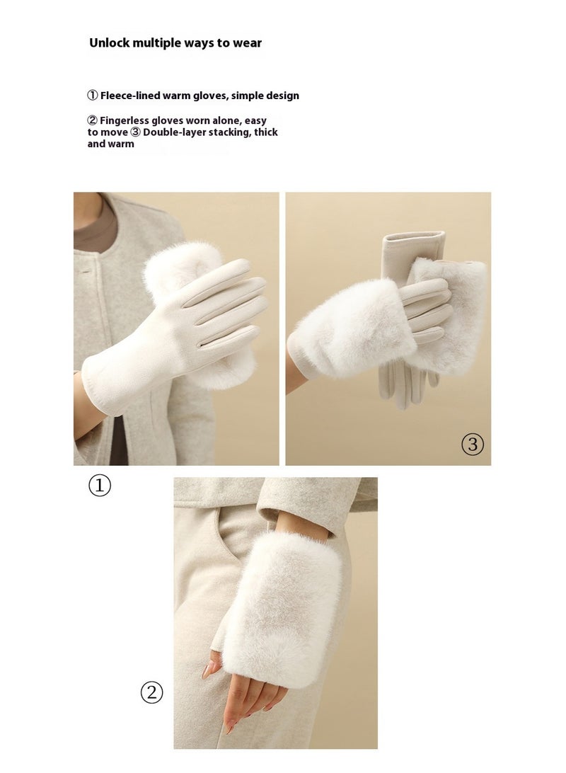 Women's Winter Warm Gloves Touch Screen Imitation Mink Fur Gloves Outdoor Driving and Cycling Gloves White - Image 4