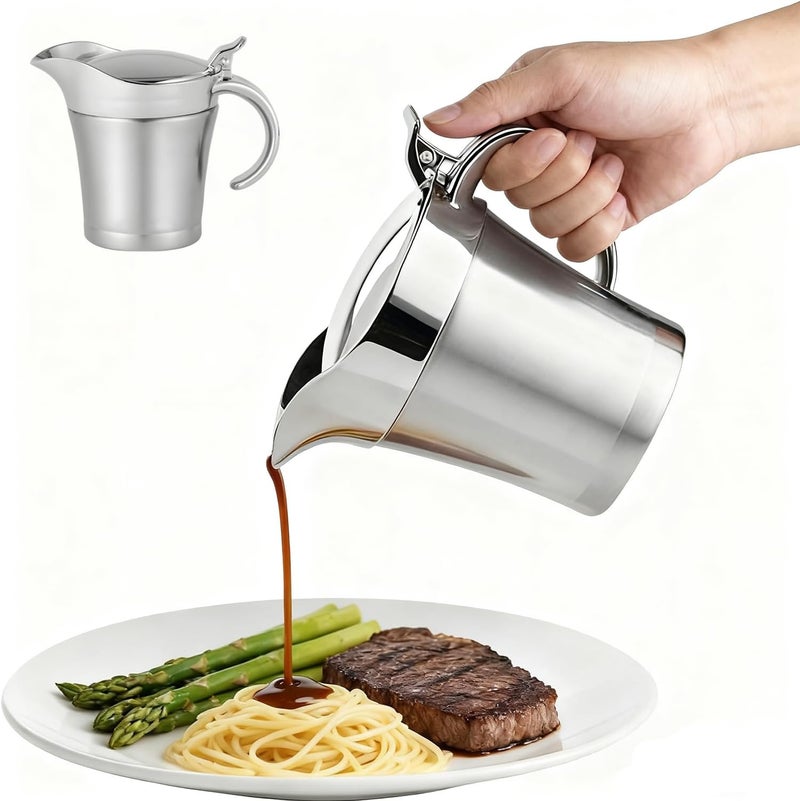 Yuixoseu Stainless Steel Gravy Boat with Hinged Lid, Double Insulated Gravy Boat for Hot & Cold Sauces, Holiday Dinners and Thanksgiving (450ML/16 OZ) - Image 1