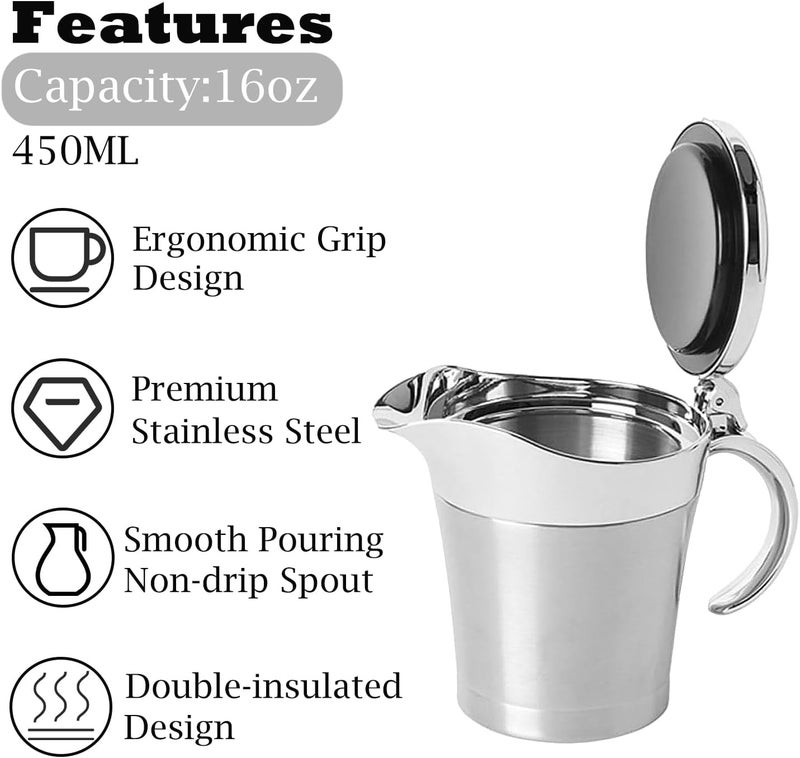 Yuixoseu Stainless Steel Gravy Boat with Hinged Lid, Double Insulated Gravy Boat for Hot & Cold Sauces, Holiday Dinners and Thanksgiving (450ML/16 OZ) - Image 3