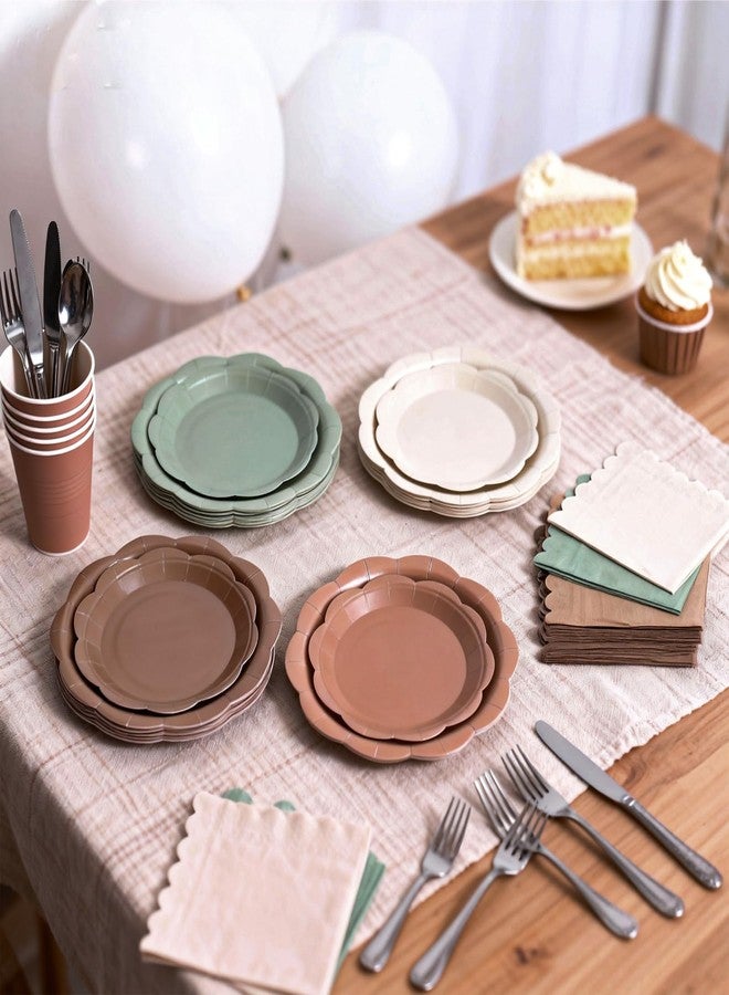 Himake 144Pcs Party Plates and Napkins, Sage Green and Brown Disposable Paper Plates Set, Wodland Baby Shower Decorations, Green Scalloped 7'' Dessert and 9'' Dinner Plates for Birthday, Valentine' Day - Image 3