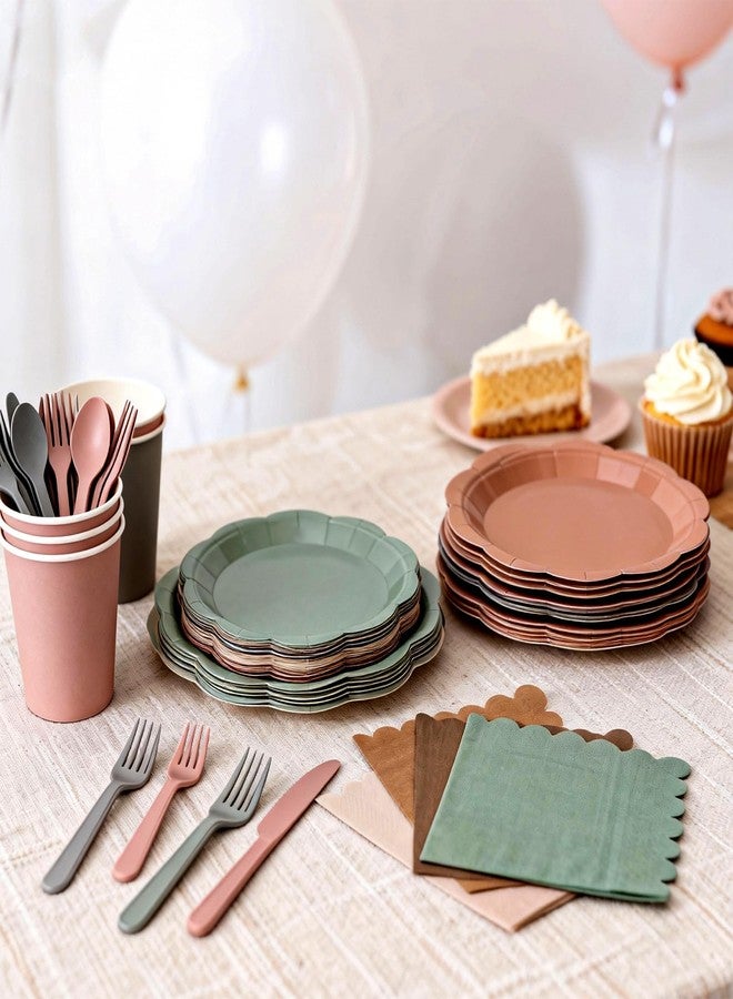 Himake 144Pcs Party Plates and Napkins, Sage Green and Brown Disposable Paper Plates Set, Wodland Baby Shower Decorations, Green Scalloped 7'' Dessert and 9'' Dinner Plates for Birthday, Valentine' Day - Image 4
