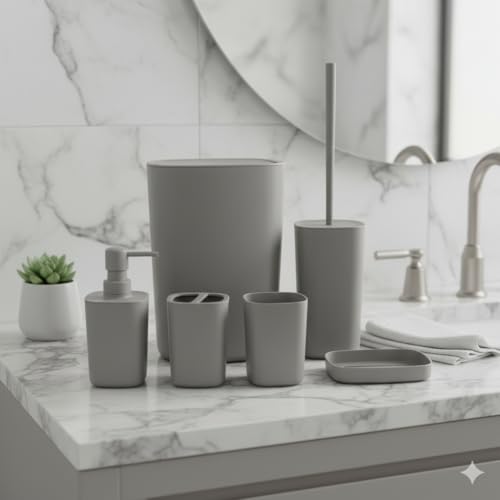 HOME CUBE 6Pcs Bathroom Accessories Set, Soap Dish, Soap Dispenser, Toothbrush Holder, Mouth Wash Cup, Dustbin, Toilet Brush Holder, Complete Bath Organiser for Bathroom (Grey) - Image 2