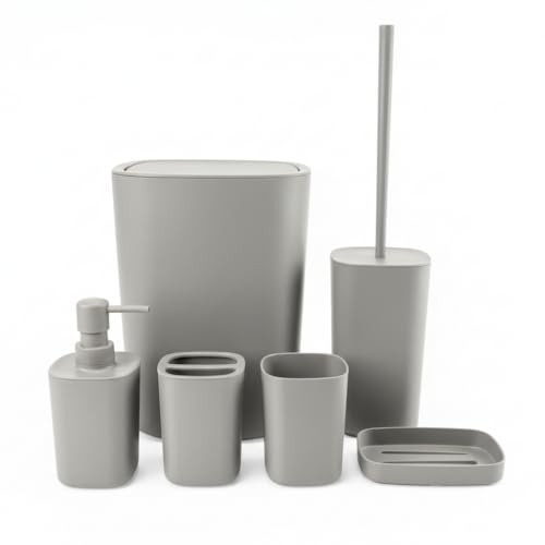 HOME CUBE 6Pcs Bathroom Accessories Set, Soap Dish, Soap Dispenser, Toothbrush Holder, Mouth Wash Cup, Dustbin, Toilet Brush Holder, Complete Bath Organiser for Bathroom (Grey) - Image 1