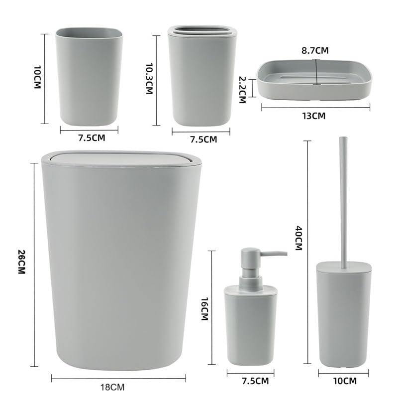 HOME CUBE 6Pcs Bathroom Accessories Set, Soap Dish, Soap Dispenser, Toothbrush Holder, Mouth Wash Cup, Dustbin, Toilet Brush Holder, Complete Bath Organiser for Bathroom (Grey) - Image 4