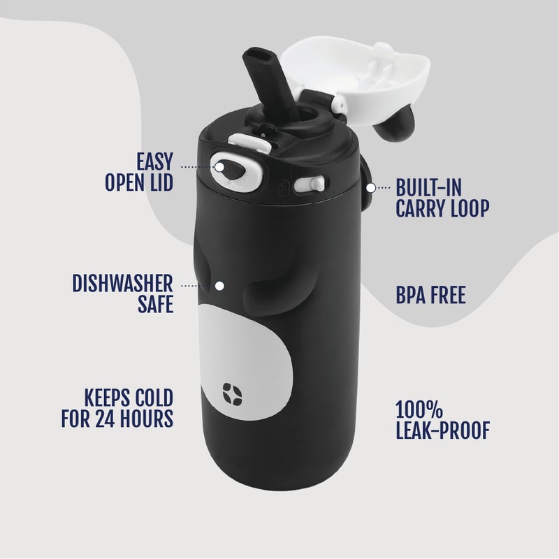Ello Ellies 12oz Vacuum Insulated Stainless Steel Kids Water Bottle with Straw and Built-in Carrying Handle and Leak-Proof Locking Lid for School Backpack, Lunchbox and Outdoor Sports, Panda - Image 4