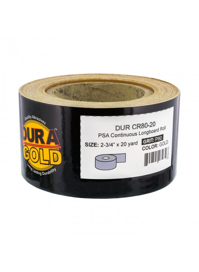 Dura-Gold Dura-Gold Premium 80 Grit Gold PSA Longboard Sandpaper 20 Yard Long Continuous Roll, 2-3/4" Wide - Self Adhesive Stickyback Sandpaper for Automotive, Woodworking, Air File Sanders, Hand Sanding Blocks  - Image 1