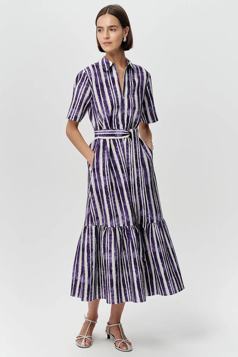 EXQUISE Shirt Collar Short Sleeve Regular Midi Navy Bone Dress