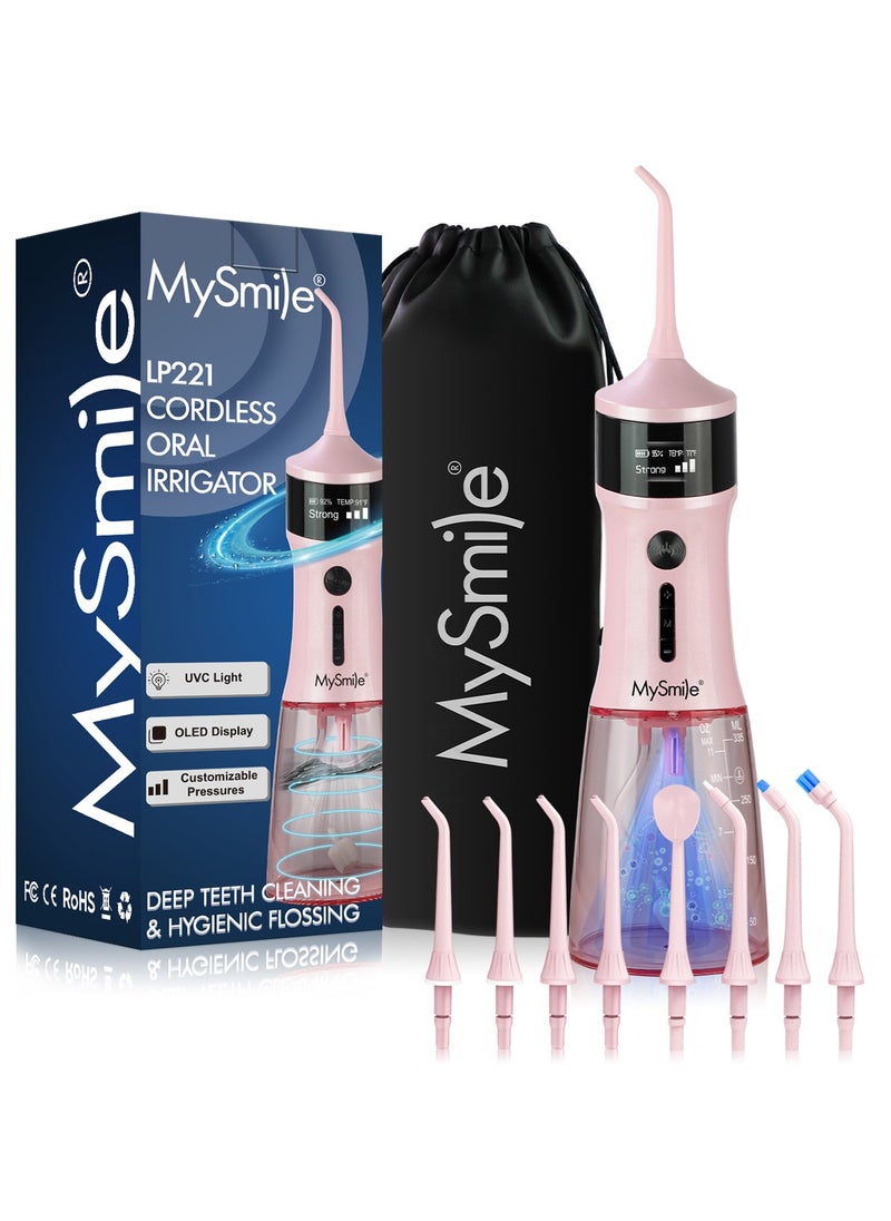 MySmile - MySmile LP221 UVC Sterilizable Cordless Water Flossers for Teeth 335ML Portable OLED Display Dental Flosser with 4 Modes 8 Jet Tips and a Storage Pouch for Home and Travel (Juicy Pink) - Image 1