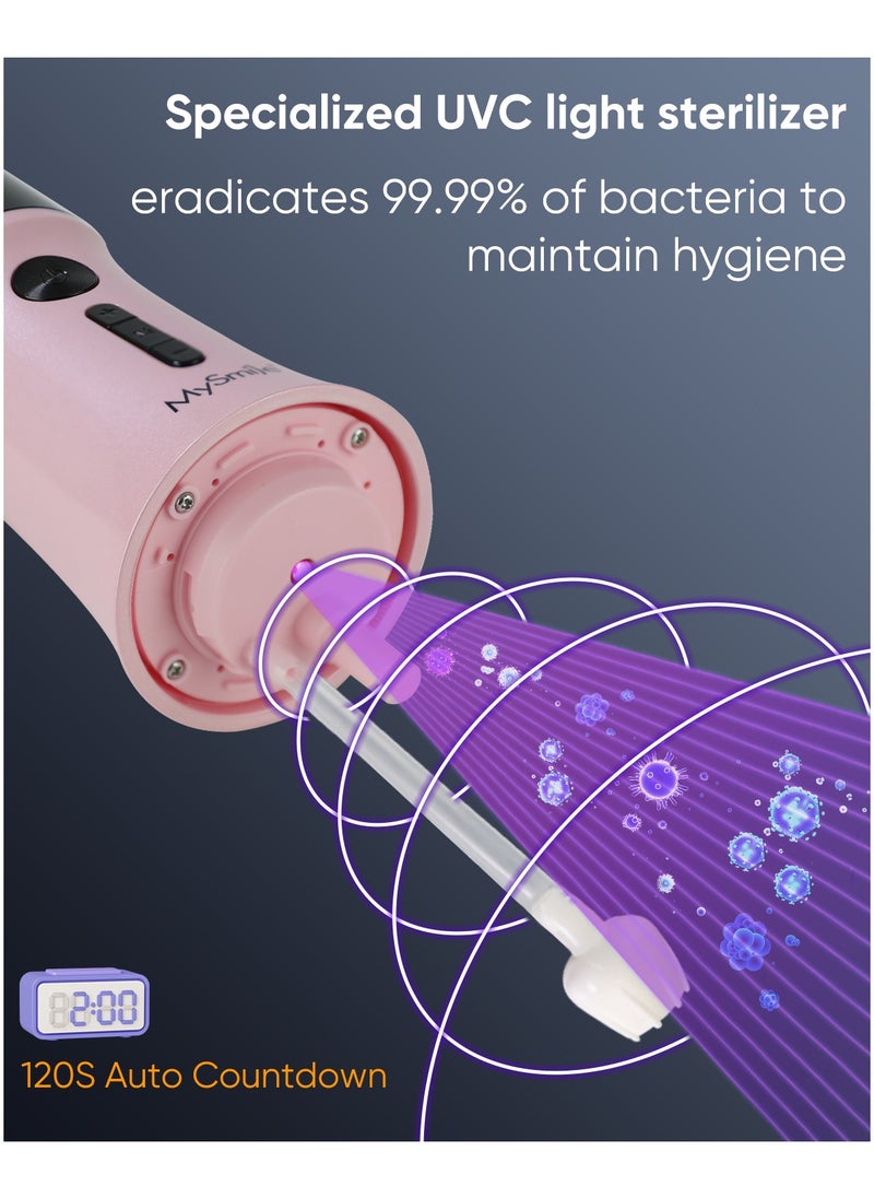 MySmile - MySmile LP221 UVC Sterilizable Cordless Water Flossers for Teeth 335ML Portable OLED Display Dental Flosser with 4 Modes 8 Jet Tips and a Storage Pouch for Home and Travel (Juicy Pink) - Image 1