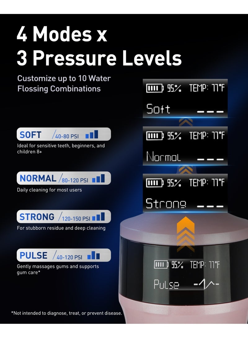 MySmile LP221 UVC Sterilizable Cordless Water Flossers for Teeth 335ML Portable OLED Display Dental Flosser with 4 Modes 8 Jet Tips and a Storage Pouch for Home and Travel (Juicy Pink) - Image 4