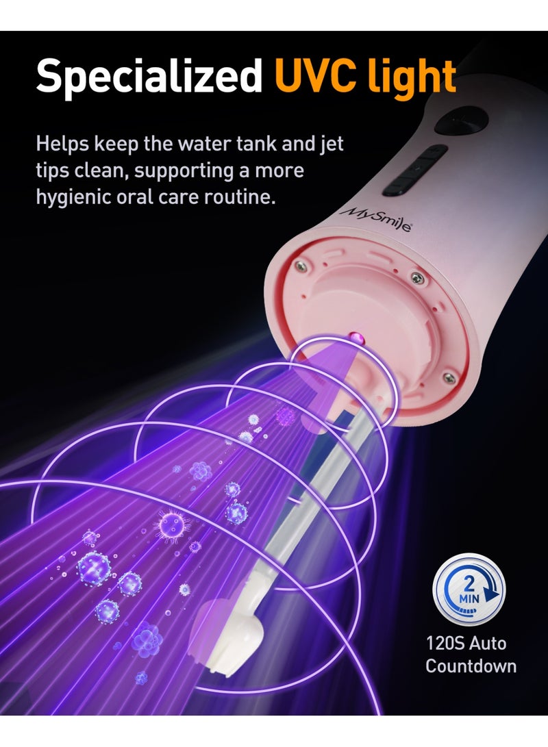 MySmile LP221 UVC Sterilizable Cordless Water Flossers for Teeth 335ML Portable OLED Display Dental Flosser with 4 Modes 8 Jet Tips and a Storage Pouch for Home and Travel (Juicy Pink) - Image 5