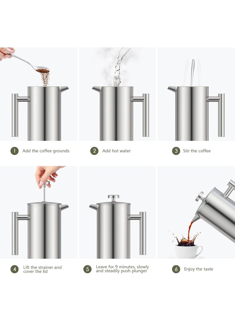 ماكينة تحضير القهوة الفرنسية المصنوعة من الفولاذ المقاوم للصدأ 304، نظام ترشيح ثلاثي المستويات، جدار مزدوج معزول، مناسبة للمنزل والمكتب، فضية، 1000 مل - Image 5