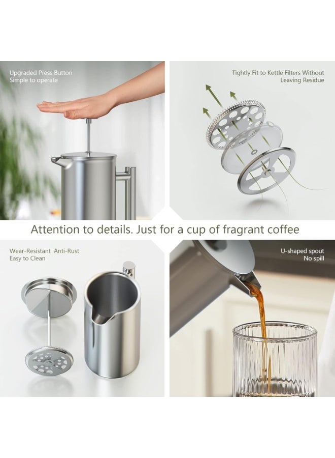 ماكينة تحضير القهوة الفرنسية المصنوعة من الفولاذ المقاوم للصدأ 304، نظام ترشيح ثلاثي المستويات، جدار مزدوج معزول، مناسبة للمنزل والمكتب، فضية، 1000 مل - Image 3