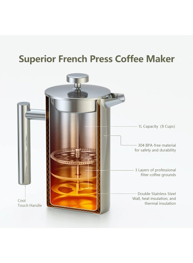 ماكينة تحضير القهوة الفرنسية المصنوعة من الفولاذ المقاوم للصدأ 304، نظام ترشيح ثلاثي المستويات، جدار مزدوج معزول، مناسبة للمنزل والمكتب، فضية، 1000 مل - Image 2
