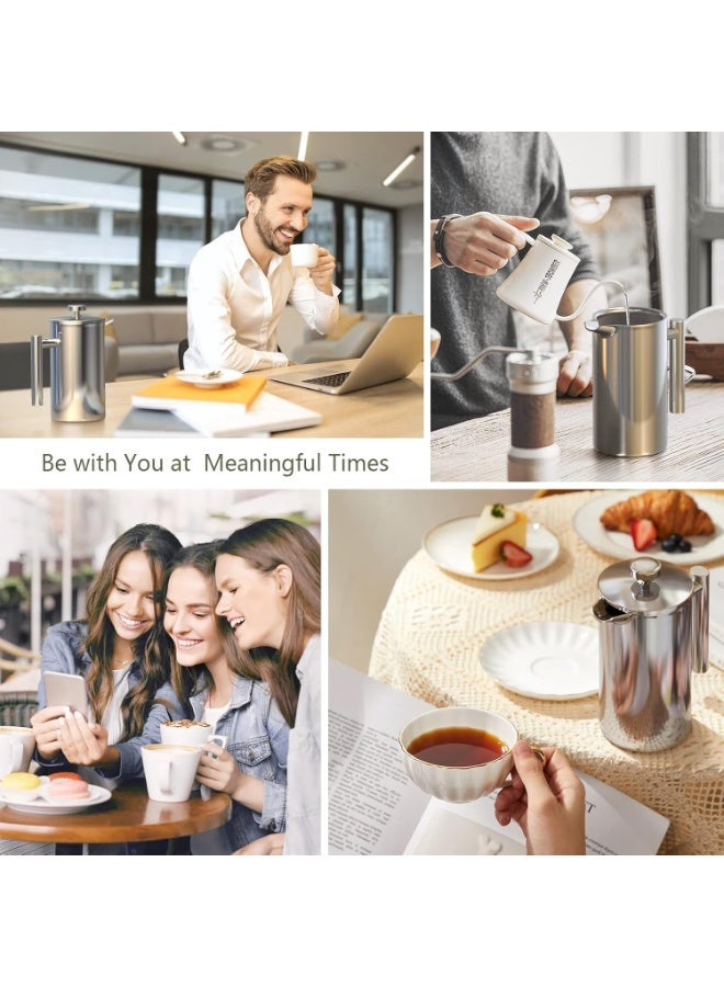 ماكينة تحضير القهوة الفرنسية المصنوعة من الفولاذ المقاوم للصدأ 304، نظام ترشيح ثلاثي المستويات، جدار مزدوج معزول، مناسبة للمنزل والمكتب، فضية، 1000 مل - Image 4