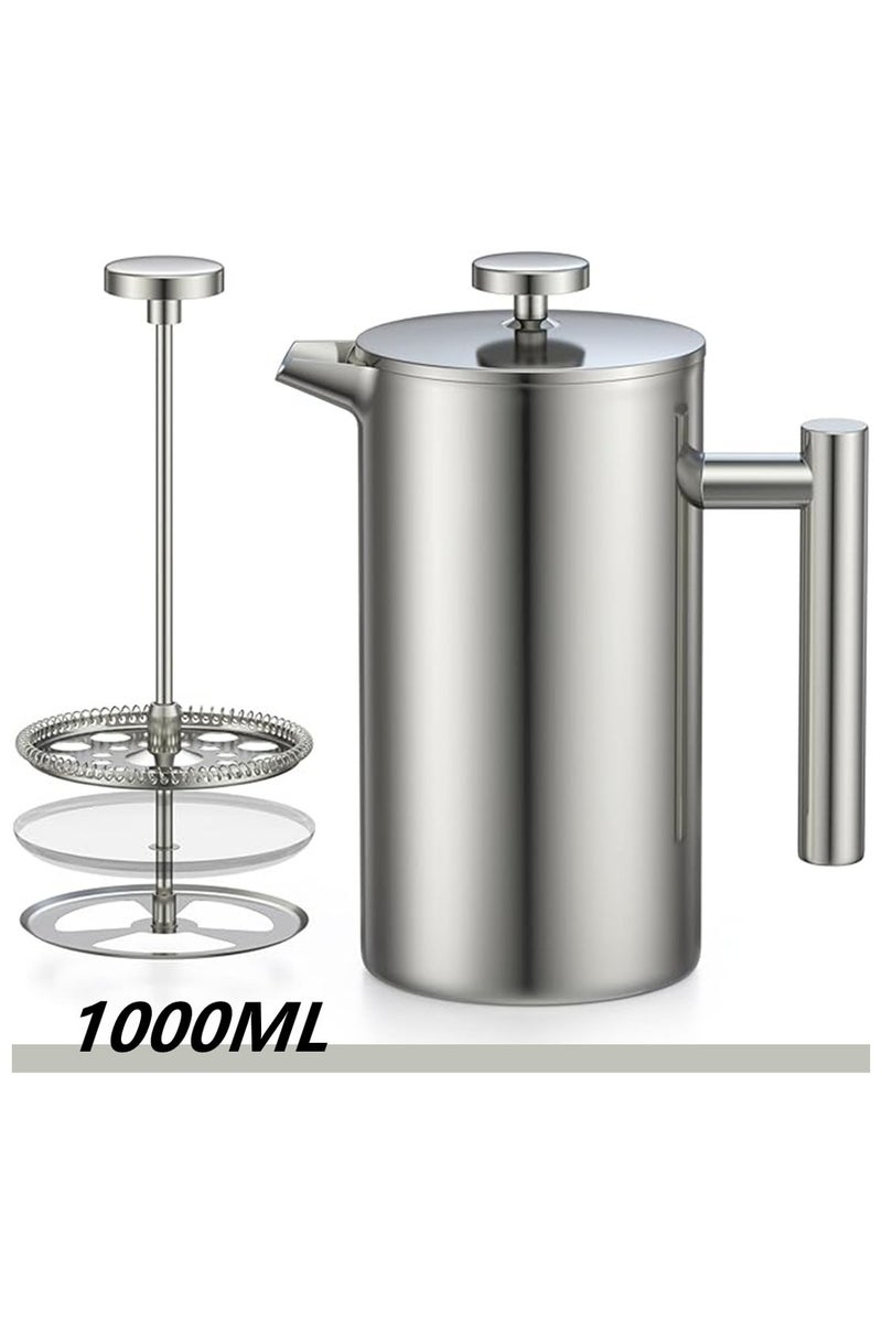 ماكينة تحضير القهوة الفرنسية المصنوعة من الفولاذ المقاوم للصدأ 304، نظام ترشيح ثلاثي المستويات، جدار مزدوج معزول، مناسبة للمنزل والمكتب، فضية، 1000 مل - Image 1