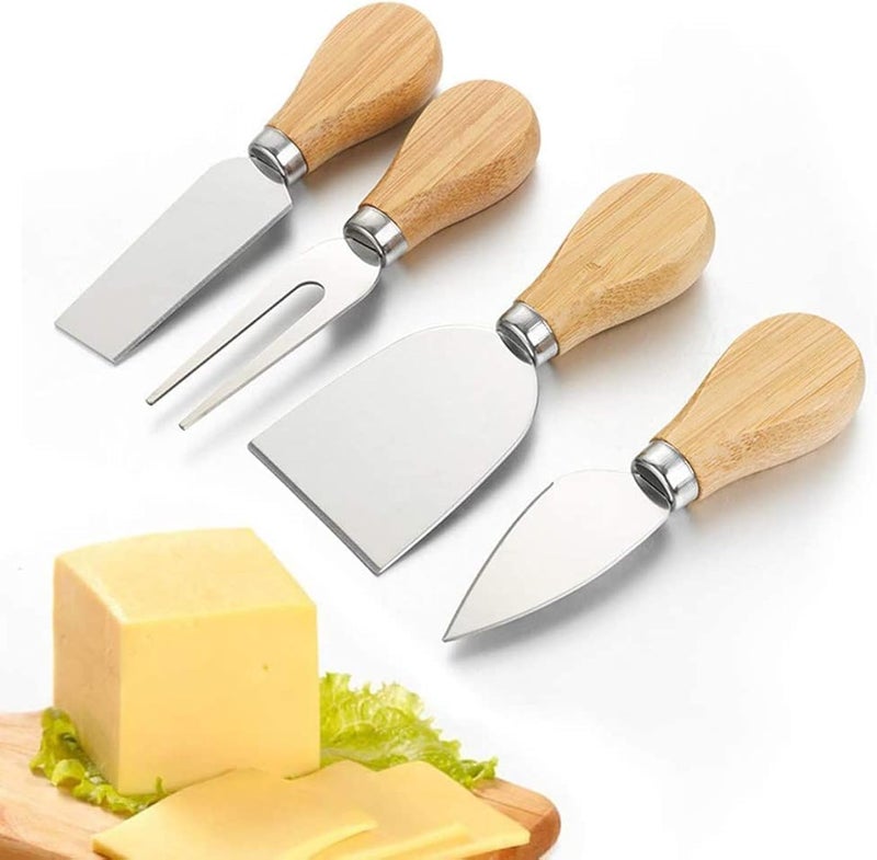 Cheese Knife Set of 4 Pieces, Wooden Handle Cheese Knife Set with Stainless Steel Blade, Cheese Cutter, Pizza Cutter & Fork, For Butter & Candy & Cheese Salad - Image 1