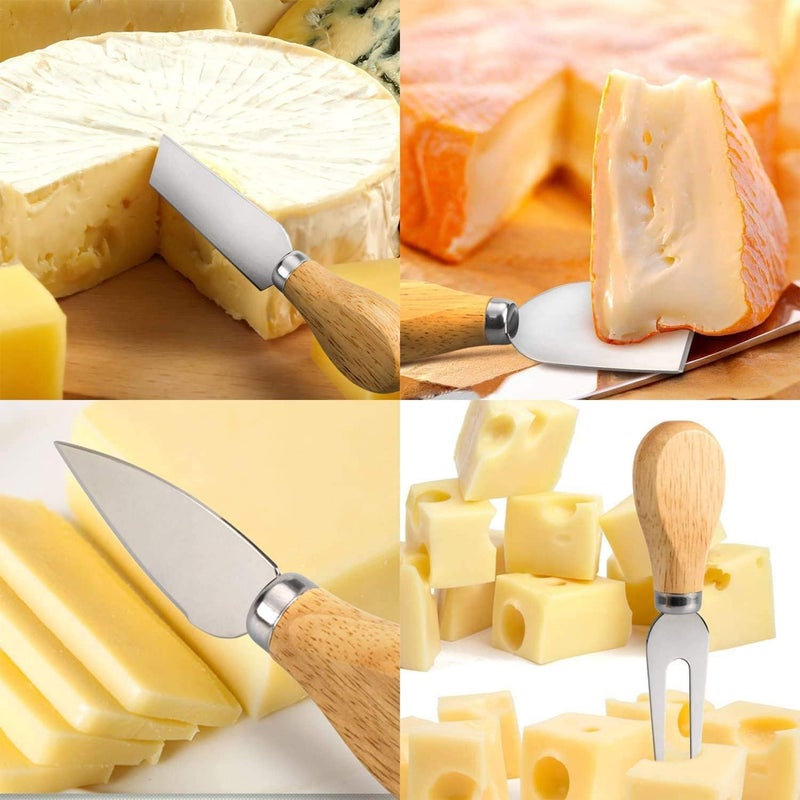 Cheese Knife Set of 4 Pieces, Wooden Handle Cheese Knife Set with Stainless Steel Blade, Cheese Cutter, Pizza Cutter & Fork, For Butter & Candy & Cheese Salad - Image 3