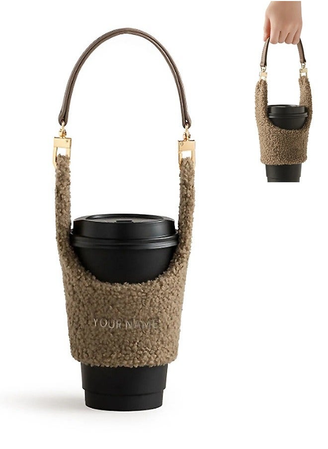 Generic Reusable Plush Coffee Cup Holder, Portable Leather Handle Handy Water Holder for Cold and Hot Drinks, Gifts Women for Coffee Bubble Tea Drinks Carrier (Brown)  - Image 1