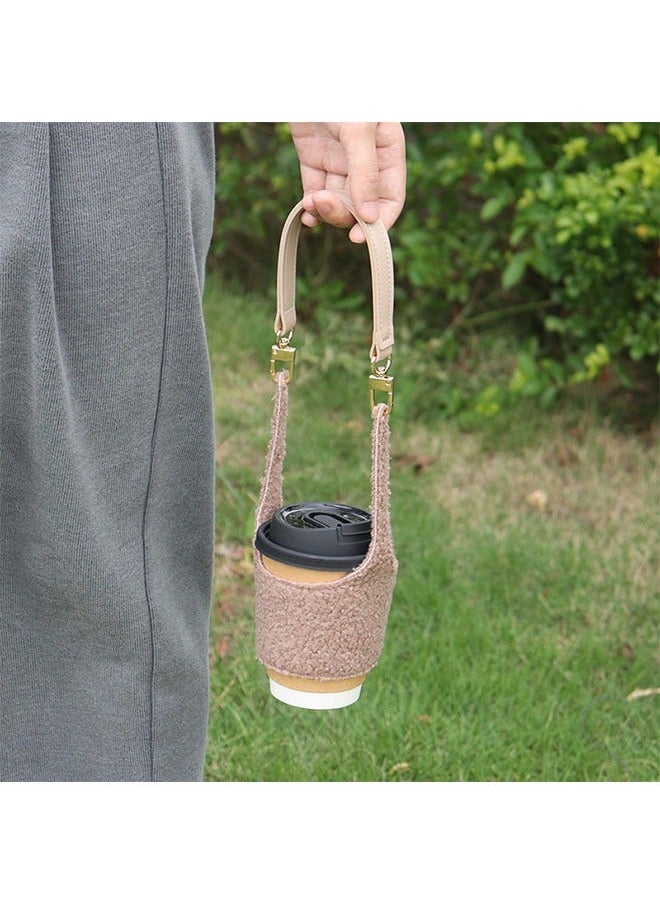 Generic Reusable Plush Coffee Cup Holder, Portable Leather Handle Handy Water Holder for Cold and Hot Drinks, Gifts Women for Coffee Bubble Tea Drinks Carrier (Brown)  - Image 5