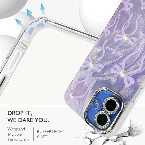 VONZEE Compatible with iPhone 16 Plus 6.7'' Case Luxury Pink Girly Cute 3D Bow Pearl Glitter Bling Case with Full Camera Protection Shockproof PC+TPU Glossy Shiny Cover for Girls Women,Purple - Image 3