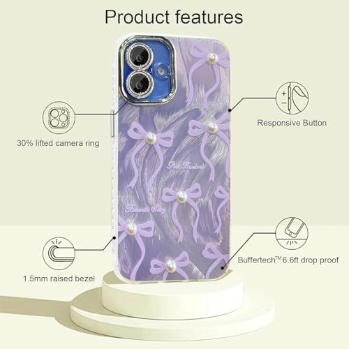 VONZEE Compatible with iPhone 16 Plus 6.7'' Case Luxury Pink Girly Cute 3D Bow Pearl Glitter Bling Case with Full Camera Protection Shockproof PC+TPU Glossy Shiny Cover for Girls Women,Purple - Image 4