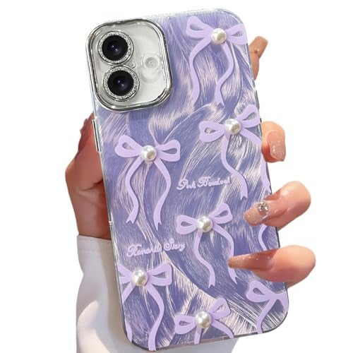 VONZEE Compatible with iPhone 16 Plus 6.7'' Case Luxury Pink Girly Cute 3D Bow Pearl Glitter Bling Case with Full Camera Protection Shockproof PC+TPU Glossy Shiny Cover for Girls Women,Purple - Image 1