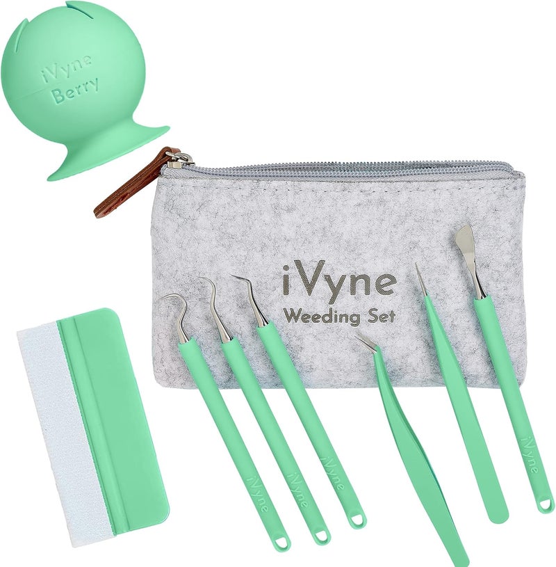 iVyne (8pcs) Premium Vinyl Weeding Tool Kit & Weeding Scrap Collector Soft Grip Tools with Berry, Weeder, Tweezers, Picker Or Hook, and Scraper Set for Scrapbooking & HTV - - Image 1