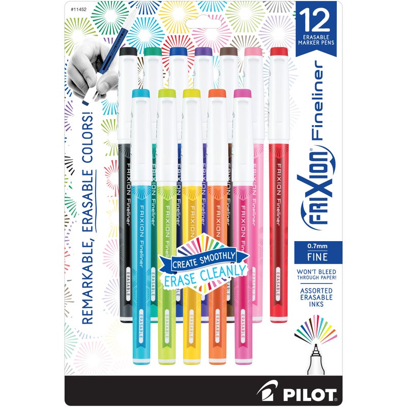 Pilot, FriXion Fineliner Erasable Marker Pens, Fine Point 0.7 mm, Pack of 12, Assorted Colors - Image 1