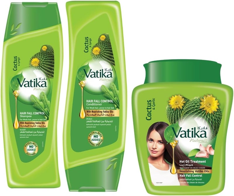 VATIKA شامبو + بلسم للتحكم في تساقط الشعر من فاتيكا ناتشورالز + علاج زيت الحمام الساخن (400 مل + 400 مل + 500 مل) | مستخلصات طبيعية | للشعر الضعيف والمتساقط | حزمة قيمة - Image 1