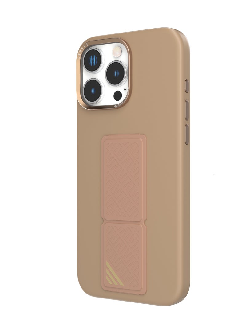 LEVELO iPhone16 Pro Max Case Morphix Silicone Cover with Leather Grip/ Hybrid Case/ Metal Camera Ring/ Impact Resistant Corners / Multi-Functional Kickstand / Metal Camera Ring / Secure and Durable Back Cover - Rose Gold Titanium  - Image 1
