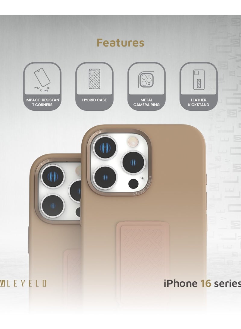 LEVELO iPhone16 Pro Max Case Morphix Silicone Cover with Leather Grip/ Hybrid Case/ Metal Camera Ring/ Impact Resistant Corners / Multi-Functional Kickstand / Metal Camera Ring / Secure and Durable Back Cover - Rose Gold Titanium  - Image 2
