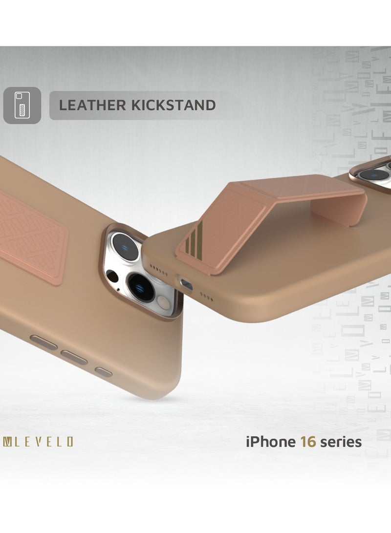 LEVELO iPhone16 Pro Max Case Morphix Silicone Cover with Leather Grip/ Hybrid Case/ Metal Camera Ring/ Impact Resistant Corners / Multi-Functional Kickstand / Metal Camera Ring / Secure and Durable Back Cover - Rose Gold Titanium  - Image 3