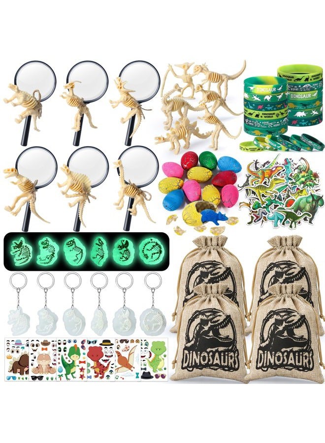 SNLN Dinosaur Party Favors for Kids Birthday, Magnifying Glasses, Luminous Keyring, Dino Egg, Sticker, Dino Party Supplies with Skeleton Toy, Silicone Bracelet & Gift Bag Dino Theme stuffer Fillers - Image 1