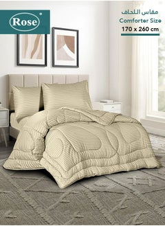 Rose ROSE Striped Luxury Hotel Comforter, Premium Microfiber, Set of 4 pieces, Soft Lightweight, Extra Twin size 260x170 cm, Beige  - Image 1
