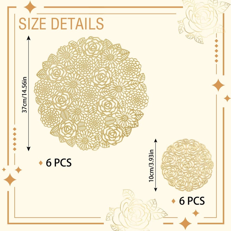 MIKIMIQI 12 Pcs Round Pressed Vinyl Placemats Gold Placemat Coaster Set Metallic Place Mat Rose Floral Non Slip Table Mats for Wedding Dinner Party Table Supplies Washable Heat Resistant Gold Flowers 12 - Image 2