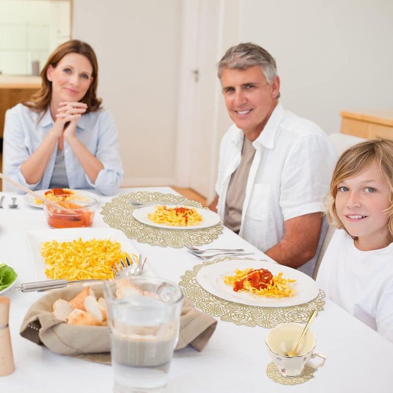 MIKIMIQI 12 Pcs Round Pressed Vinyl Placemats Gold Placemat Coaster Set Metallic Place Mat Rose Floral Non Slip Table Mats for Wedding Dinner Party Table Supplies Washable Heat Resistant Gold Flowers 12 - Image 4