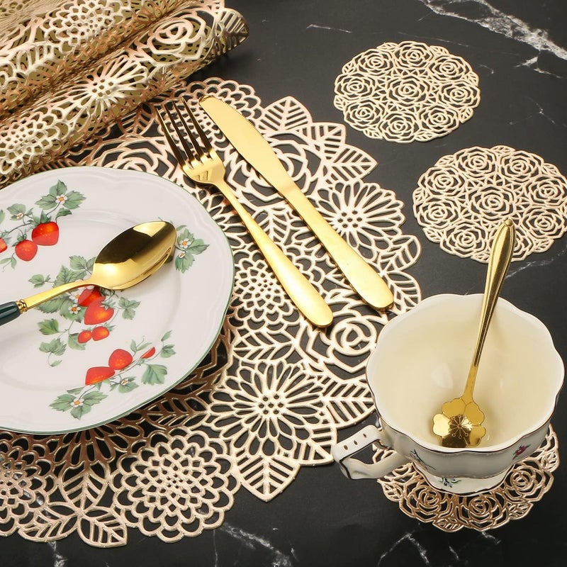 MIKIMIQI 12 Pcs Round Pressed Vinyl Placemats Gold Placemat Coaster Set Metallic Place Mat Rose Floral Non Slip Table Mats for Wedding Dinner Party Table Supplies Washable Heat Resistant Gold Flowers 12 - Image 3