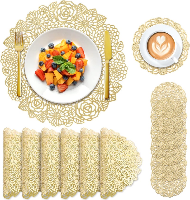 MIKIMIQI 12 Pcs Round Pressed Vinyl Placemats Gold Placemat Coaster Set Metallic Place Mat Rose Floral Non Slip Table Mats for Wedding Dinner Party Table Supplies Washable Heat Resistant Gold Flowers 12 - Image 1