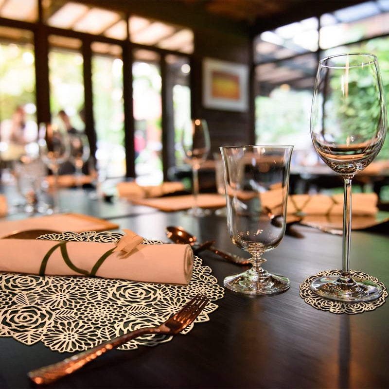 MIKIMIQI 12 Pcs Round Pressed Vinyl Placemats Gold Placemat Coaster Set Metallic Place Mat Rose Floral Non Slip Table Mats for Wedding Dinner Party Table Supplies Washable Heat Resistant Gold Flowers 12 - Image 5